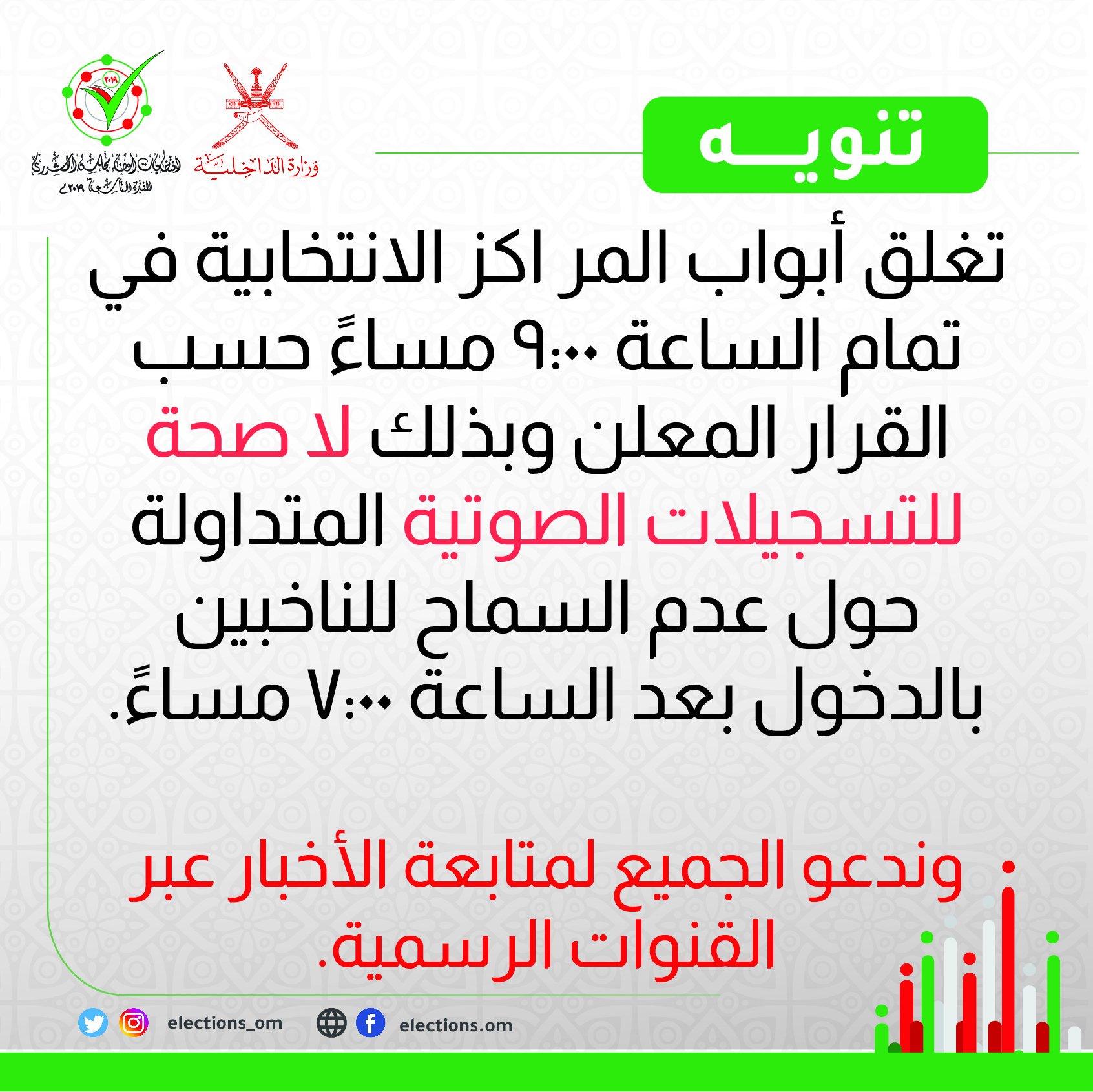تنويه  بوقت غلق أبواب المراكز الانتخابية أنه سيكون في تمام الساعة 9 مساءً