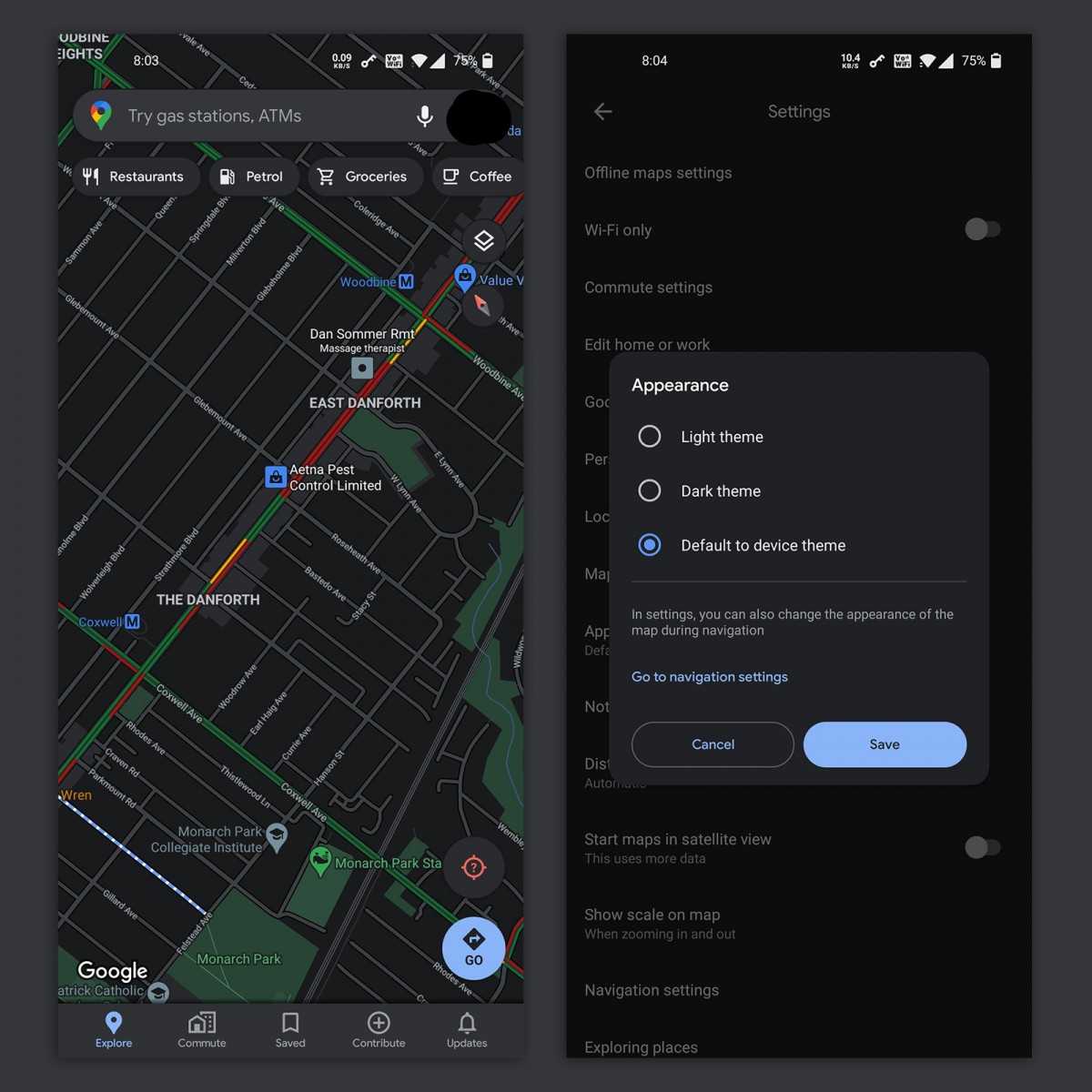 الوضع الليلي ” Dark Mode ” يبدأ بشق طريقه إلى بعض مستخدمي Google Maps على الأندرويد
