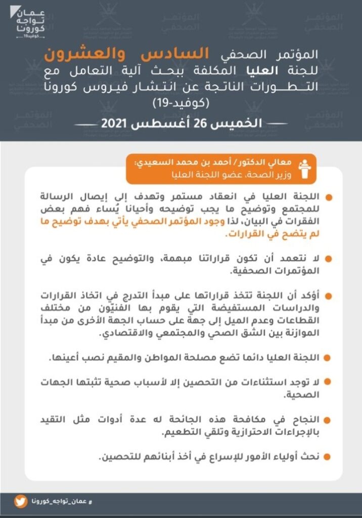 تعرف على.. أبرز ما جاء في المؤتمر الصحفي الـ 26 للجنة العليا لمكافحة كوفيد١٩ 10 IMG ٢٠٢١٠٨٢٦ ١٣٥٧٠١