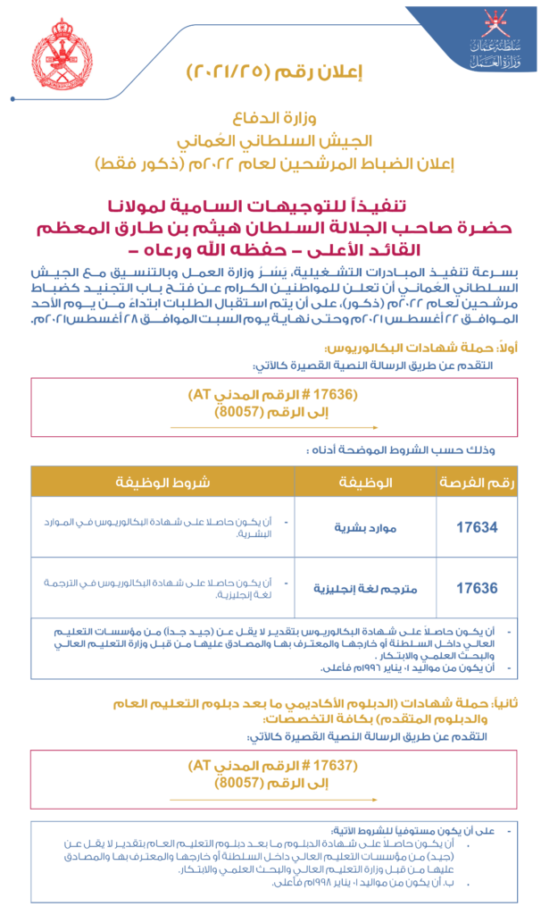 تنفيذًا للتوجيهات السامية .. الجيش السلطاني العماني يعلن فتح باب التجنيد 2 Screen Shot 2021 08 19 at 4.50.37 PM