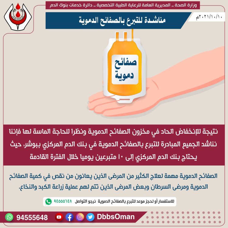 انخفاض حاد في مخزون الصفائح الدموية في بنك الدم المركزي ببوشر 2 FBUMzvdWUAAuE7e scaled 1