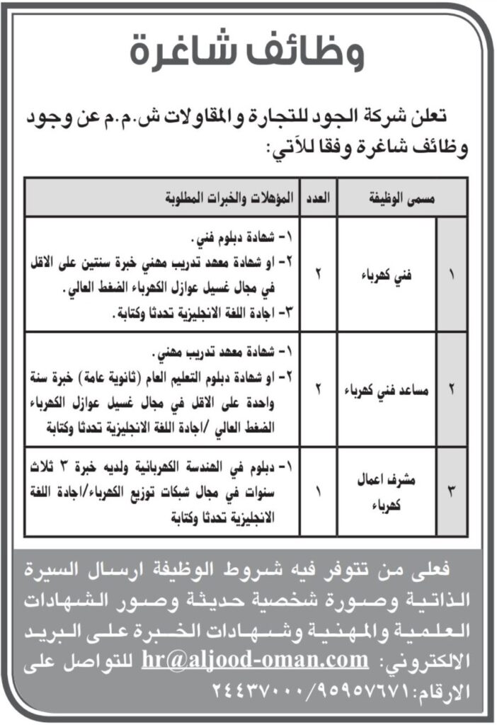 الجود للتجارة والمقاولات تعلن وظائف شاغرة 2 شركة الجود للتجارة والمقاولات