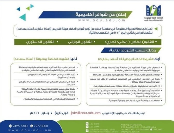الجامعة العربية المفتوحة تعلن وظائف شاغرة 2 IMG ٢٠٢١١٢٢٧ ٢٢٣٢١٠