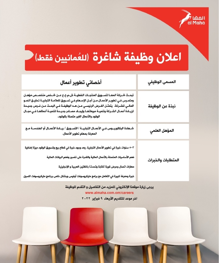 شركة المها لتسويق المنتجات النفطية تعلن وظيفة شاغرة 2 IMG ٢٠٢٢٠١٢٦ ٠٩٥٦٢٤