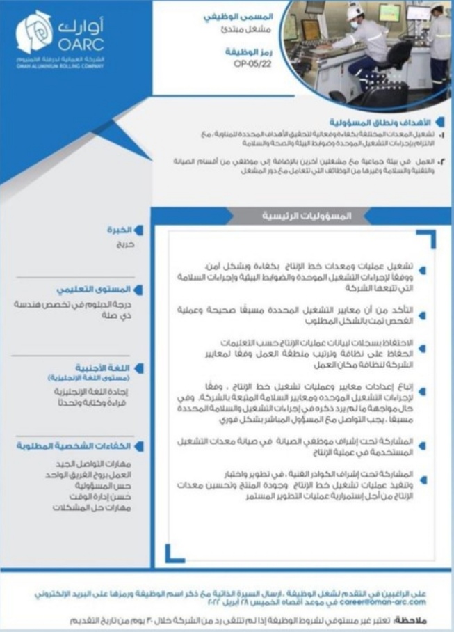 الشركة العمانية لدرفلة الألمنيوم تعلن وظائف شاغرة 8 IMG ٢٠٢٢٠٤١٣ ١٥١٦٠٦