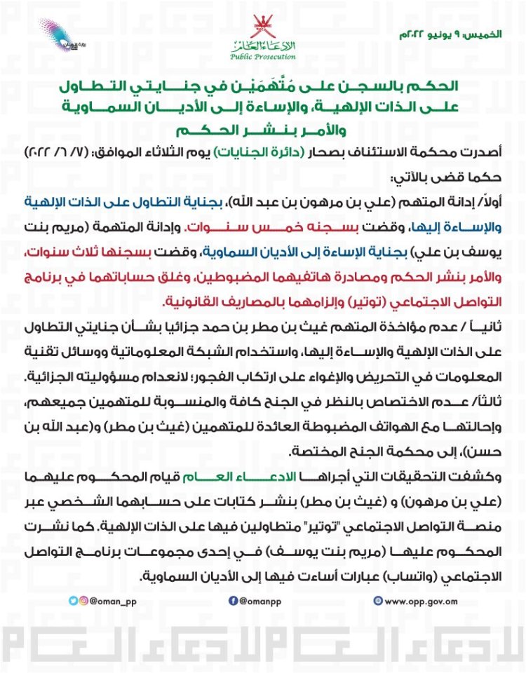 الحكم بالسجن على متهمين اثنين في جنايتي التطاول على الذات الإلهيـة والإساءة إلـى الأديان السماوية 2 ٢٠٢٢٠٦٠٩ ١٤١٠٣٢