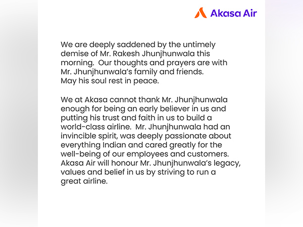 “Will honour Jhunjhunwala’s legacy”; read Akasa Air’s full condolence message here