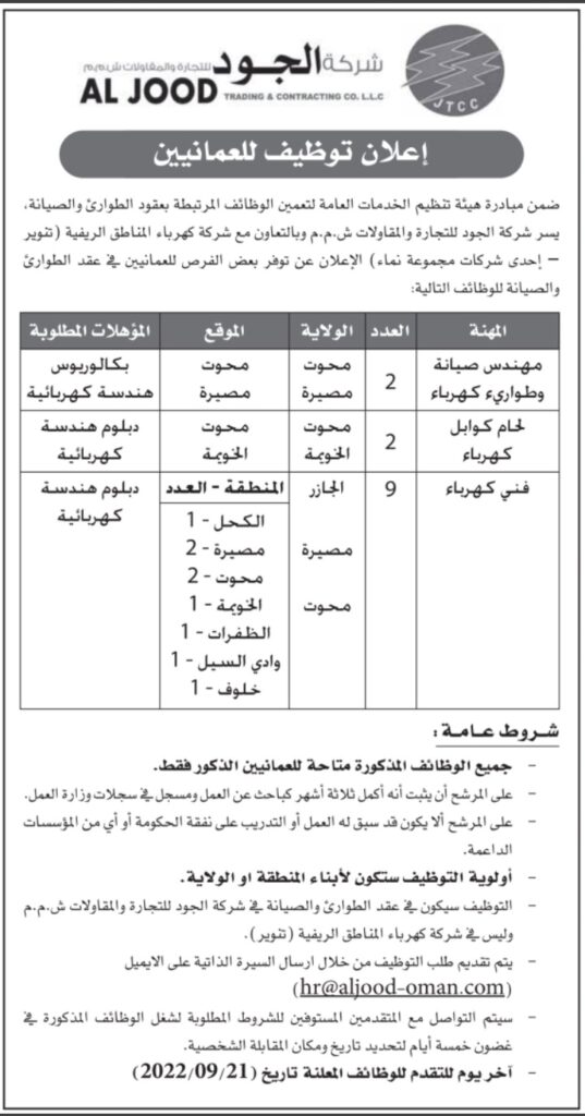 شركة الجود للتجارة والمقاولات تعلن وظائف شاغرة 2 IMG ٢٠٢٢٠٩١٤ ٠٥٥٧١٢