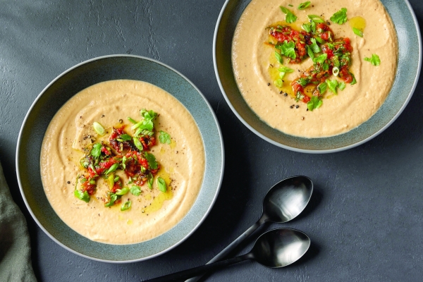 Creamy Cauliflower Soup With Harissa Tomatoes
