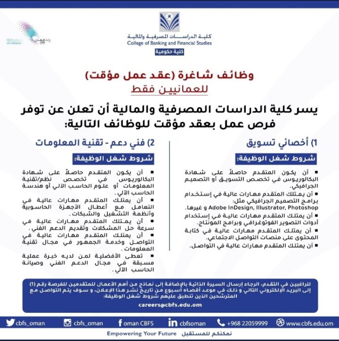 كلية الدراسات المصرفية والمالية تعلن وظيفة شاغرة 2 IMG ٢٠٢٢١٢٠٧ ٠٩٠٠٥٧