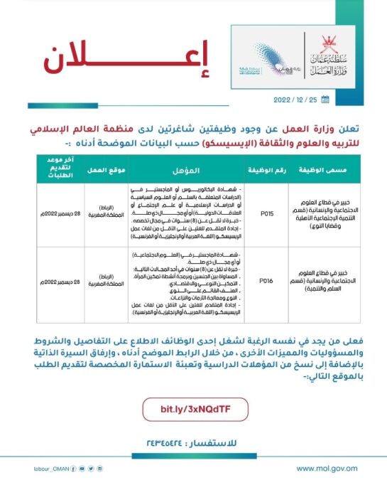 وزارة العمل تعلن وظائف شاغرة 2 IMG ٢٠٢٢١٢٢٦ ٠٥٥٤٠٥