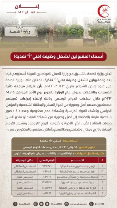 <br>وزارة الصحة تعلن أسماء المقبولين لشغل وظيفة (فني"أ" تغذية) 2 IMG ٢٠٢٣٠١٠٨ ١٦٠٥٠٤