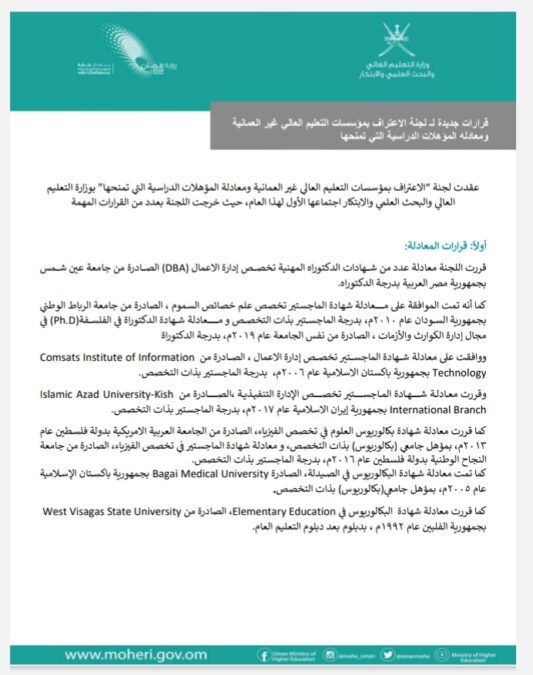 قرارات جديدة لـ لجنة الاعتراف بمؤسسات التعليم العالي غير العمانية ومعادله المؤهلات الدراسية التي تمنحها 2 IMG ٢٠٢٣٠٢٢٢ ١٣٢٧٤٧
