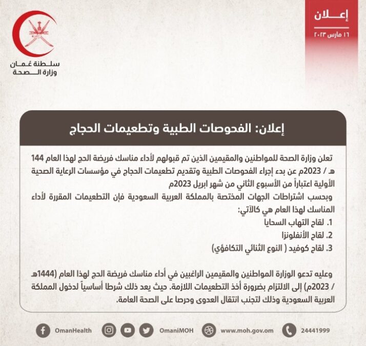 تحديد موعد إجراء الفحوصات الطبية و تطعيمات الحجاج 2 IMG ٢٠٢٣٠٣٢١ ١١١٨٤٦