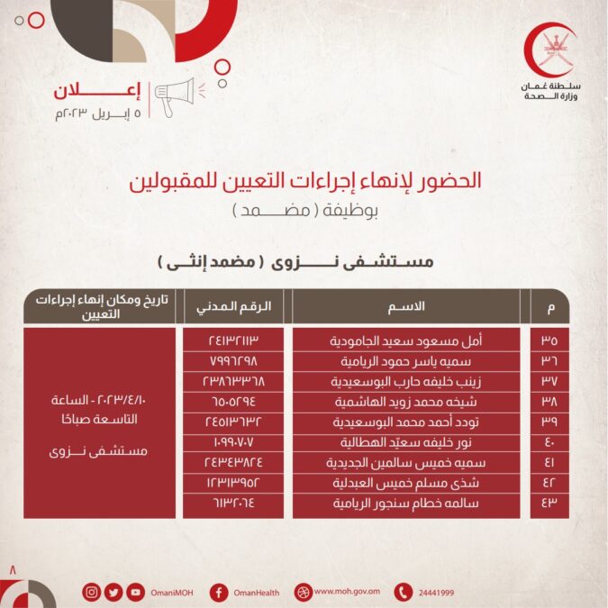 الاعلان عن أسماء مواطنين للحضور لإنهاء إجراءات التعيين للمقبولين لشغل وظيفة " مضمد " 9 DCF7D75E 65D4 4A12 8729 A060CA642748