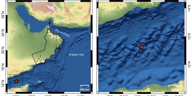 تسجيل زلزال بقوة 6.1 يبعد عن صلالة حوالي 802 كم