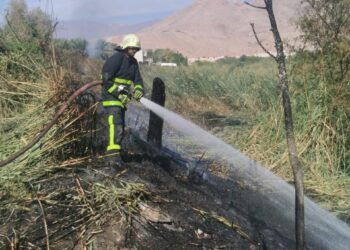 إخماد حريق شب في مخلفات زراعية ⁧‫بنزوى