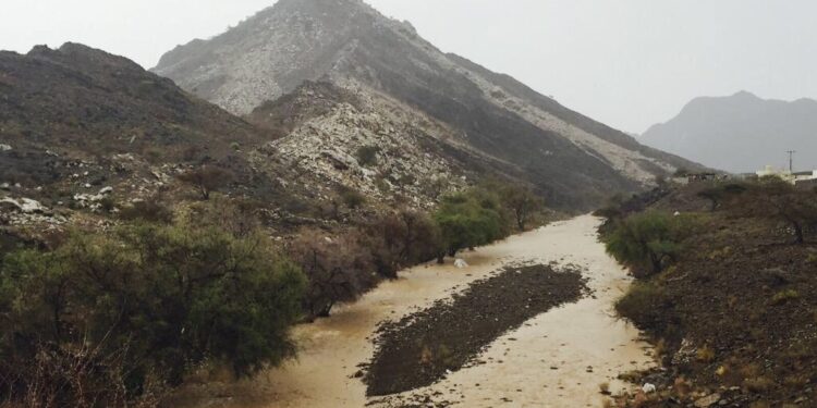وادي الطيب يقطع الحركة المرورية عبر طريق الرستاق – عبري