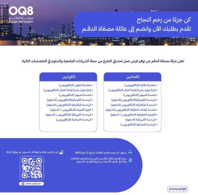 شركة مصفاة الدقم تعلن وظائف شاغرة 2 693ea30f 2bf9 4949 becc b756f3700459