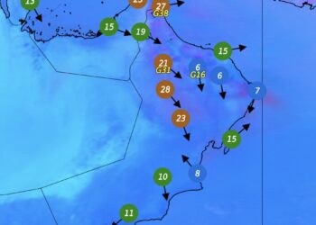 تصاعد الغبار شمال سلطنة عُمان وانخفاض الرؤية خلال الساعات القادمة
